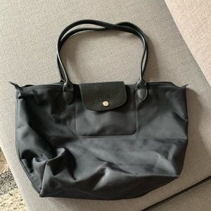Long champ bag w  black leather straps